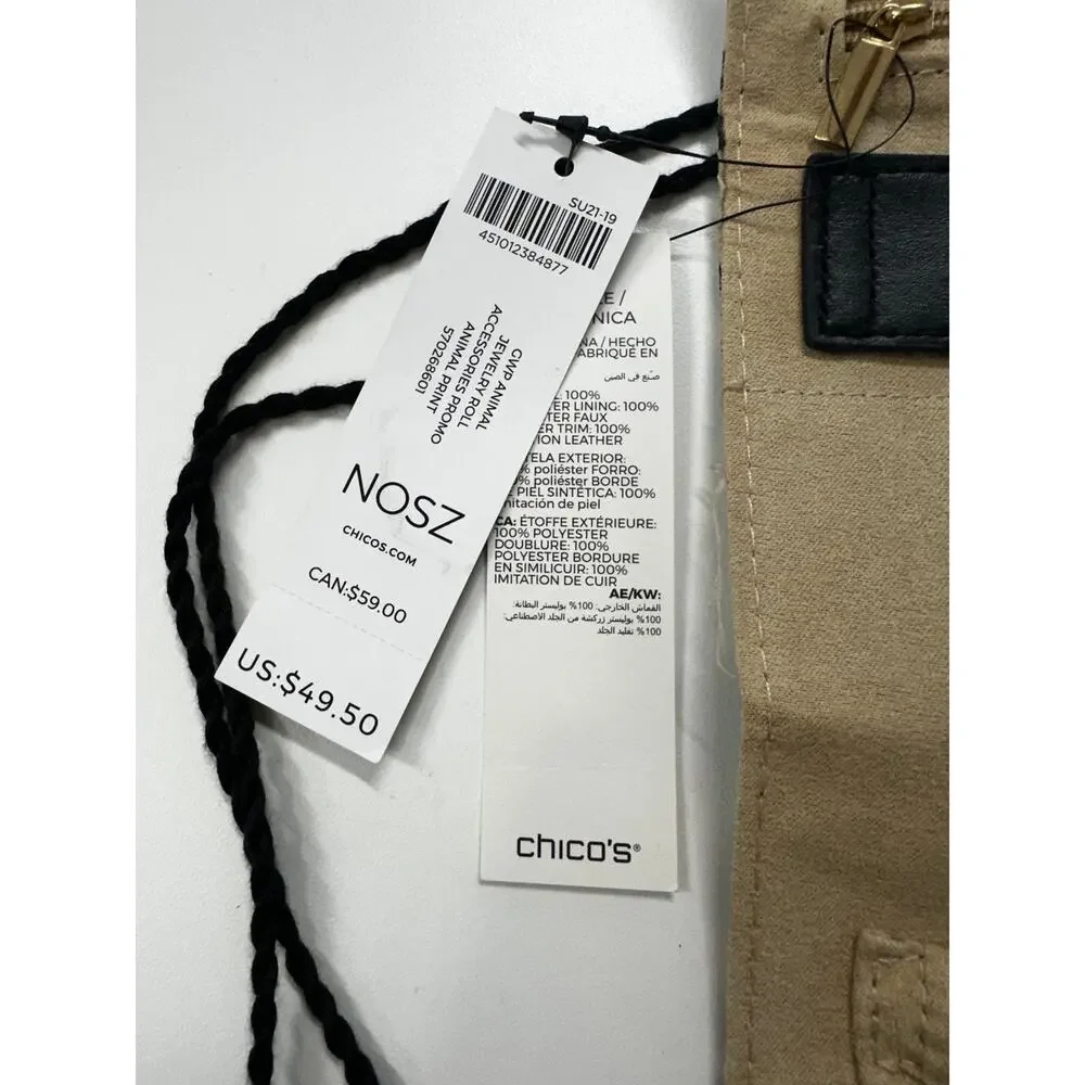 Chicos NWT $49.50 Jewelry Roll Travel Case Animal Print Leopard Tassel Tie